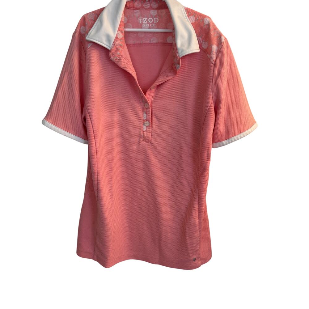 IZOD Golf Polo Women's M‎ Pink Golf Ball Pattern Button Down Short Sleeve